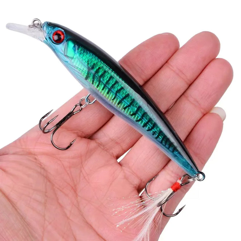 Set de 5 señuelos duros Minnow Aorace con ojos 3D y anzuelos con plumas, 13.3g