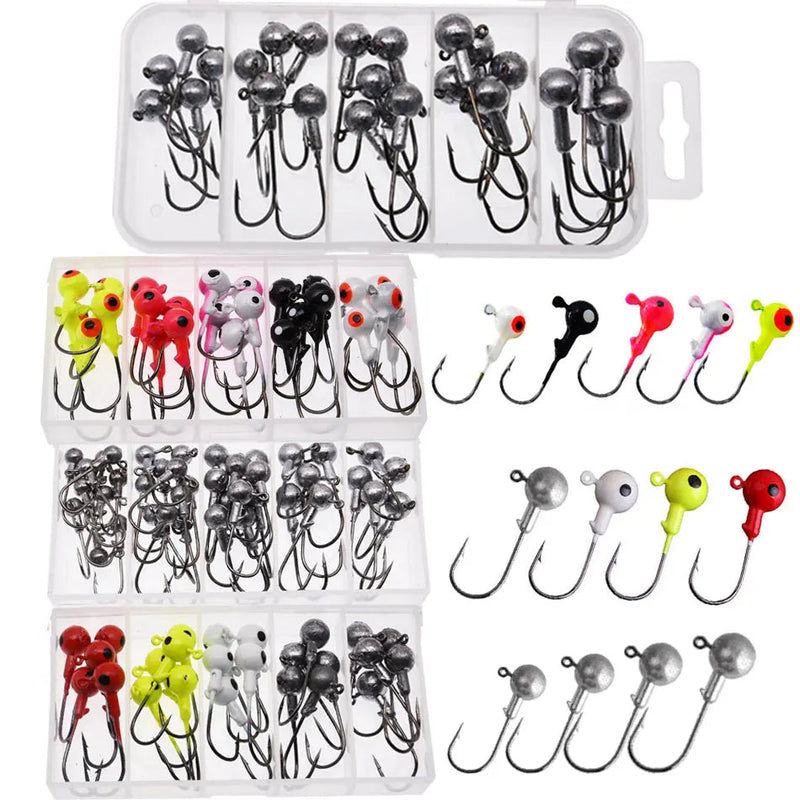 Anzuelos Jig Head JYJ 1g–3.5g con cabeza redonda y colores variados en caja