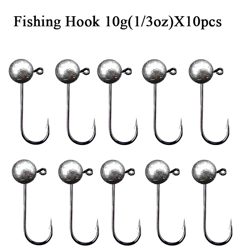 Jig Head ganchos de pesca 10 piezas, 1g a 10g, acero carbono, cabeza redonda