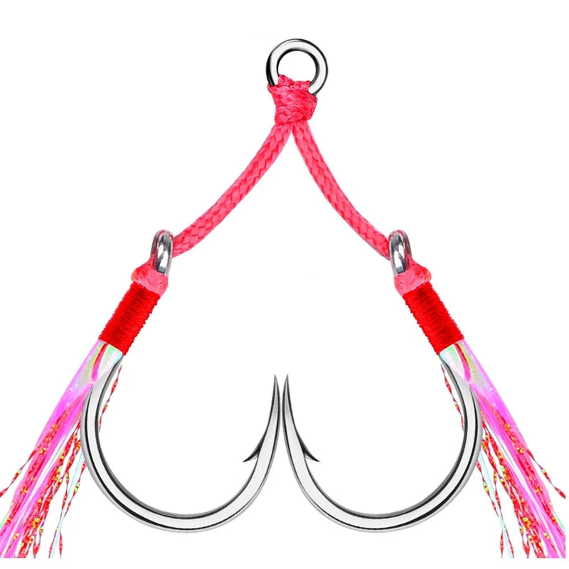 Ganchos dobles de asistencia con plumas, rosa, 5 pares, acero de alto carbono