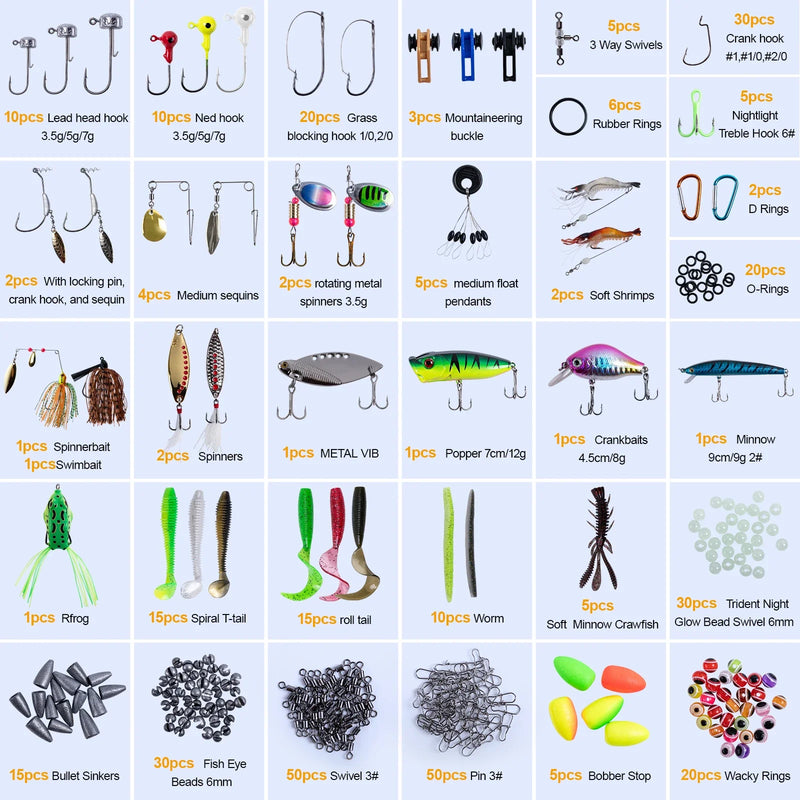Kit Goture 450 piezas con anzuelos, señuelos blandos y duros, caja completa