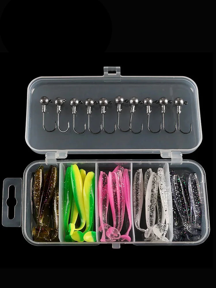 Caja con 25 señuelos blandos tipo T-tail y anzuelo plomado para pesca en río y mar