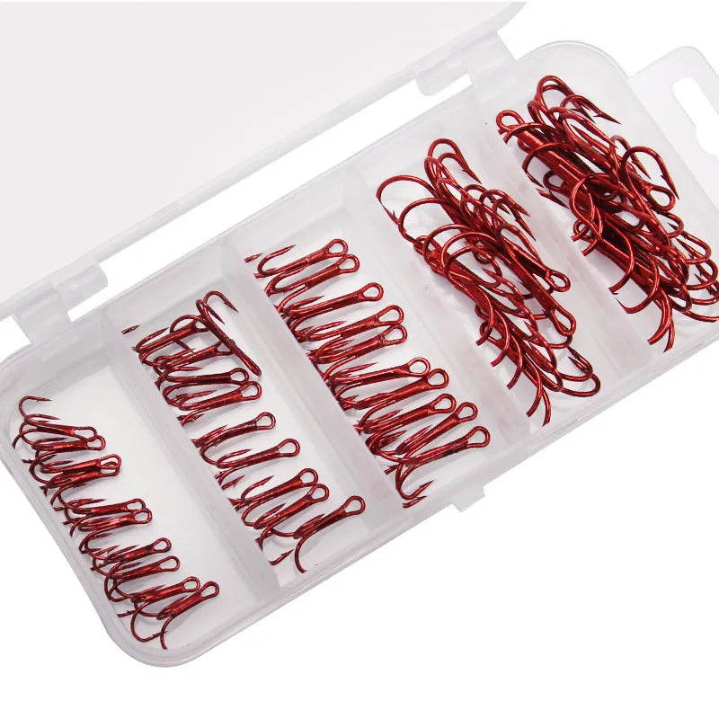 Kit PRO BEROS 50 anzuelos triples rojos de acero carbono, curva redonda