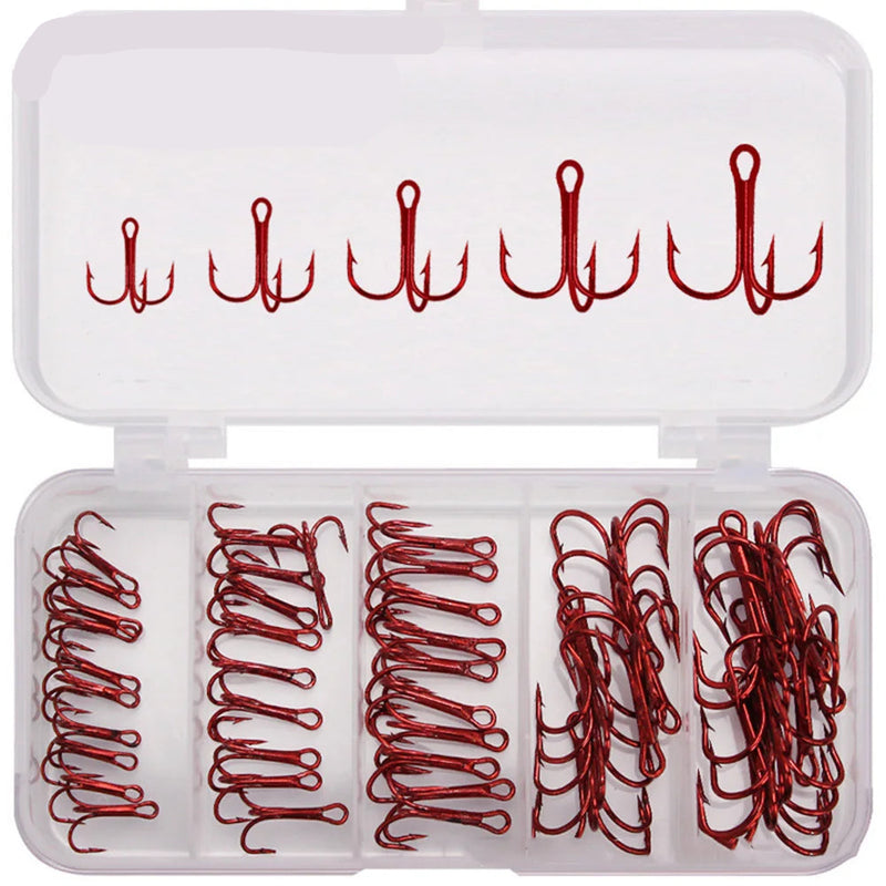 Kit PRO BEROS 50 anzuelos triples rojos de acero carbono, curva redonda