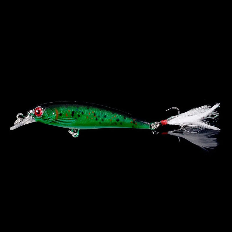Set de 5 o 10 señuelos duros tipo minnow FFLYBG 9cm/8g, hundimiento, ojos 3D y gancho con pluma