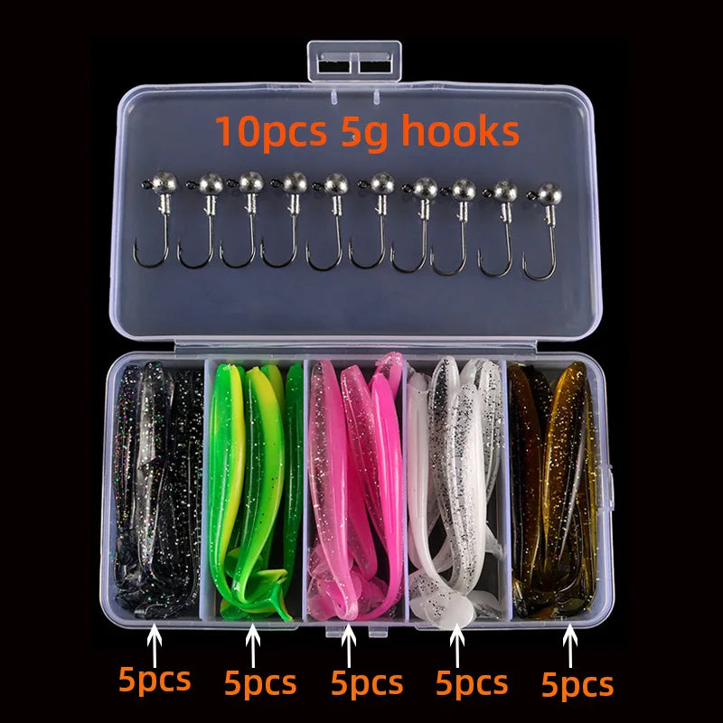 Kit de 25 señuelos blandos de silicona con anzuelos y jig, diseño tipo gusano para pesca en río, lago y mar