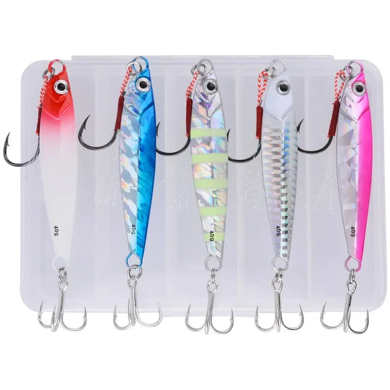 Set de 5 señuelos metálicos tipo jig para pesca en agua salada, 7g a 40g