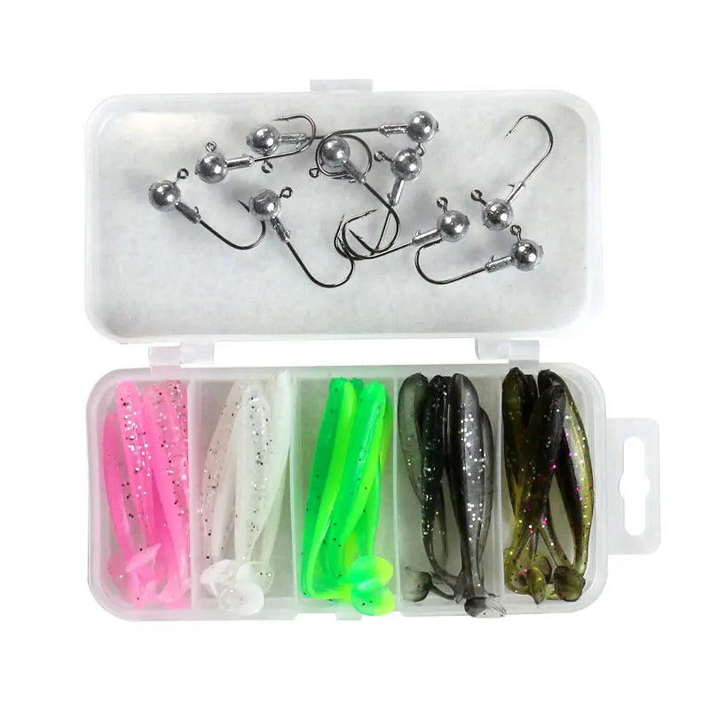 Caja con 25 señuelos blandos tipo T-tail y anzuelo plomado para pesca en río y mar
