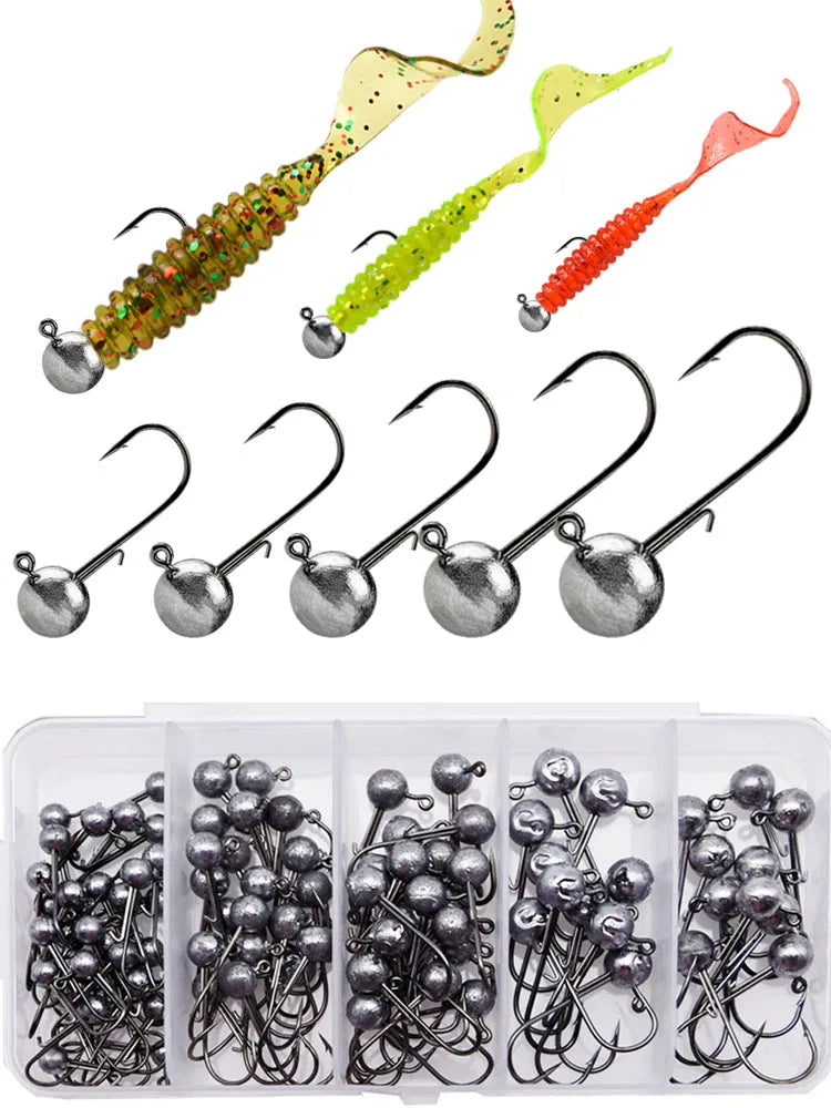 Set MrLurion 100 anzuelos Jig Head 1g–3g, cabeza redonda, acero carbono