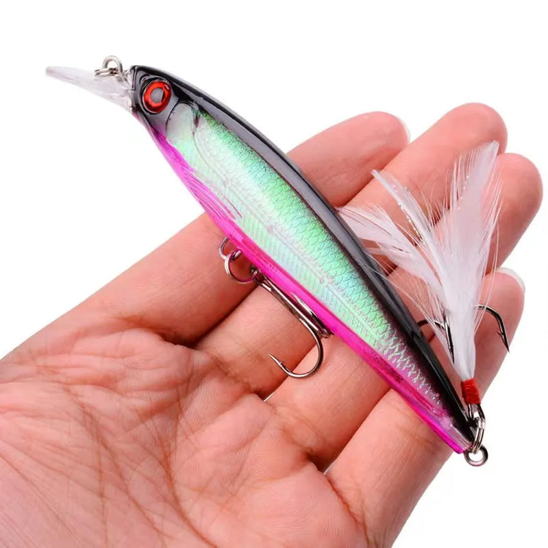 Set de 5 señuelos duros Minnow Aorace con ojos 3D y anzuelos con plumas, 13.3g