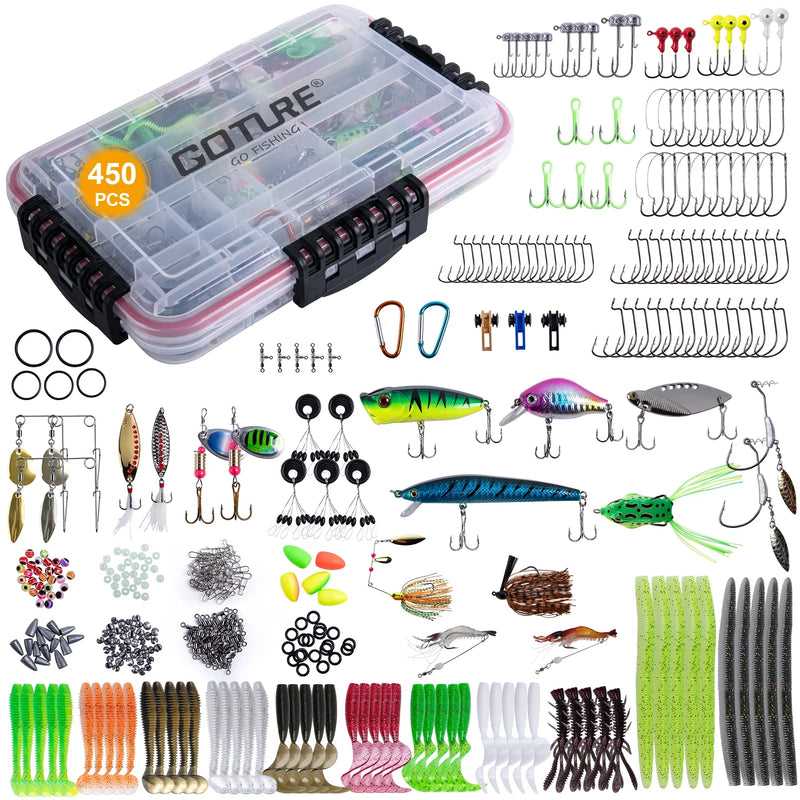 Kit Goture 450 piezas con anzuelos, señuelos blandos y duros, caja completa